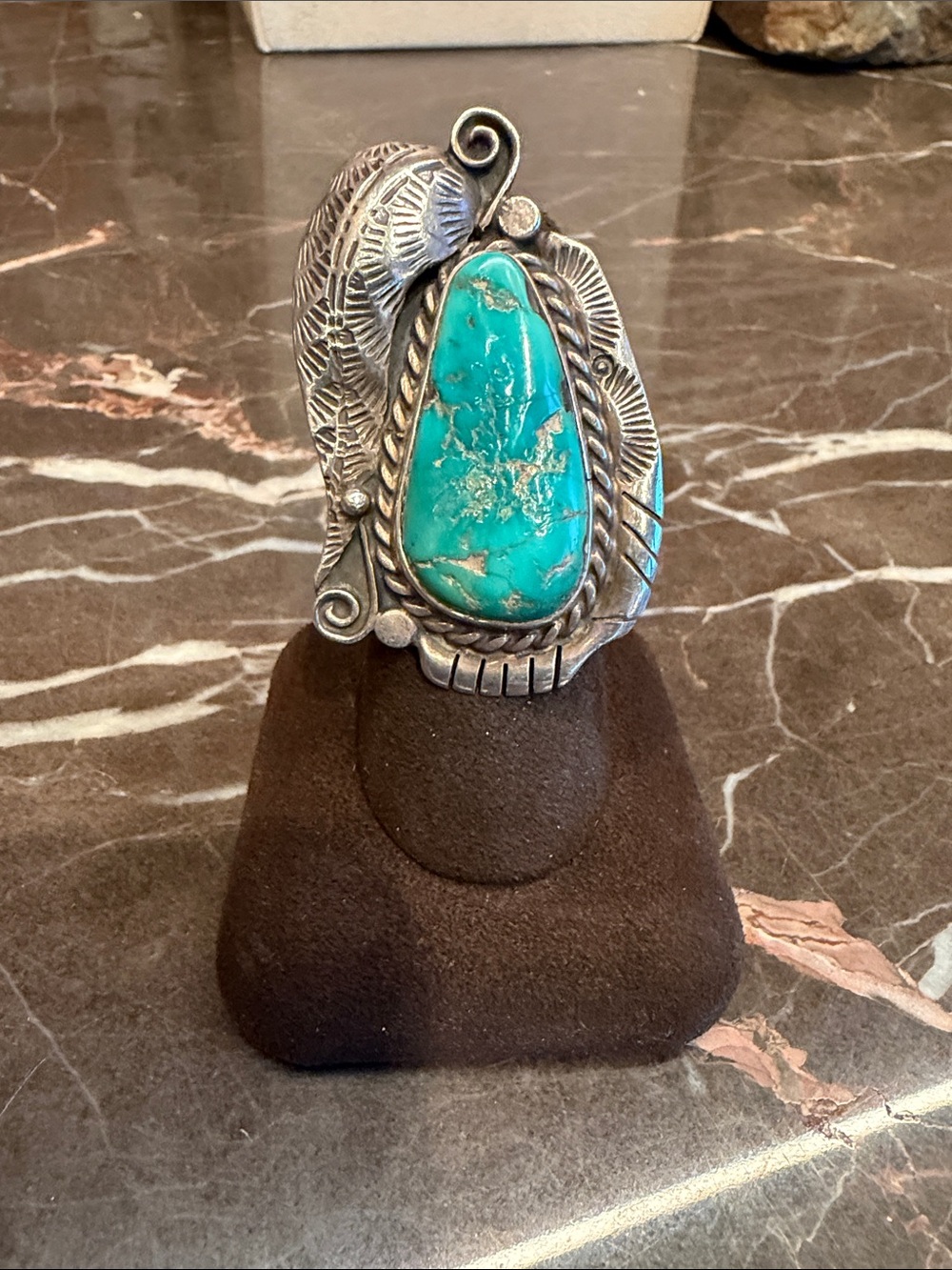 Whirling Wind Floriate Rough Kingman Statement Ring, size 8.5